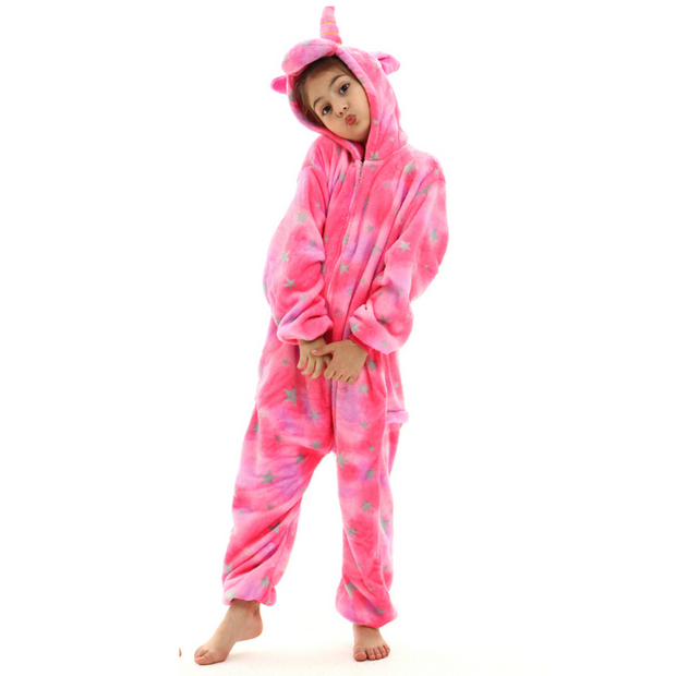 Pink Kids Unicorn Flannel Pajamas with Rainbow Tail Children Sleepwear