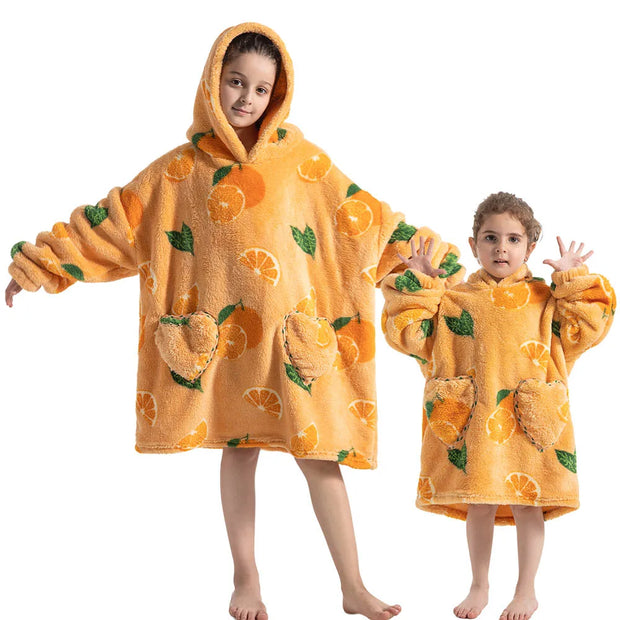 Orange Slice Print Kids Flannel Hooded Blanket Sweater with Pockets