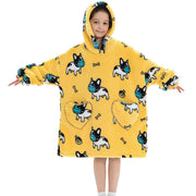 Yellow French Bulldog Print Kids Flannel Hooded Blanket Sweater with Pockets