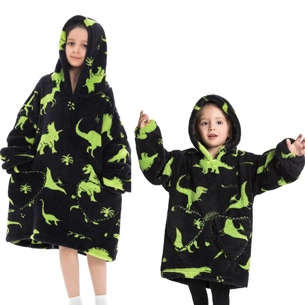 Black Dinosaur Print Kids Flannel Hooded Blanket Sweater with Pockets