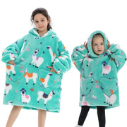 Turquoise Llama Print Kids Flannel Hooded Blanket Sweater with Pockets