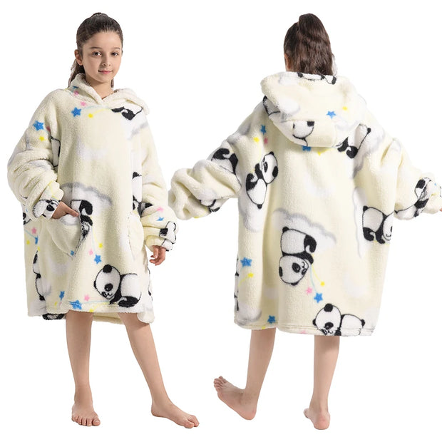 Cream Panda Print Kids Flannel Hooded Blanket Sweater with Pockets