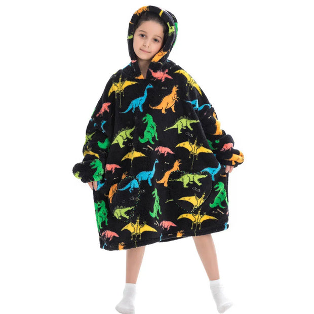 Colorful Dinosaur Print Kids Flannel Hooded Blanket Sweater with Pockets