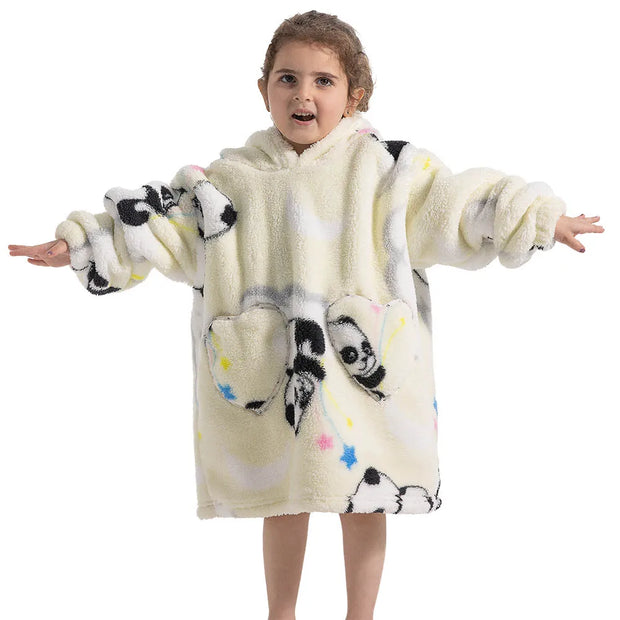 Cream Panda Print Kids Flannel Hooded Blanket Sweater with Pockets