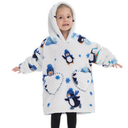 White Penguin Print Kids Flannel Hooded Blanket Sweater with Pockets