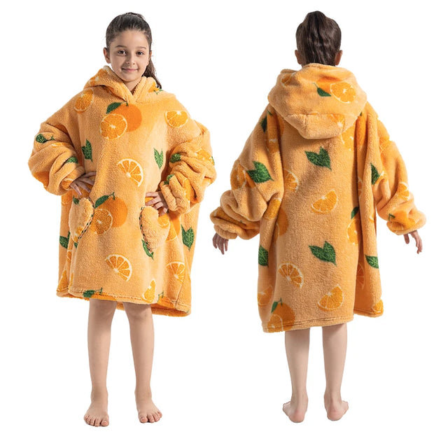 Orange Slice Print Kids Flannel Hooded Blanket Sweater with Pockets