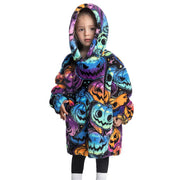 Colorful Pumpkin Print Kids Flannel Hooded Blanket Sweater for Halloween