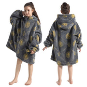 Gray Lion Print Kids Flannel Hooded Blanket Sweater with Pockets