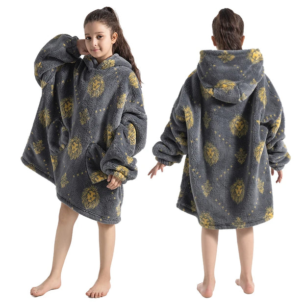 Gray Lion Print Kids Flannel Hooded Blanket Sweater with Pockets