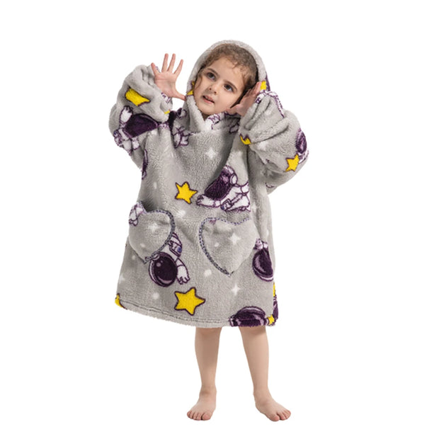 Gray Astronaut and Star Print Kids Flannel Hooded Blanket Sweater with Pockets