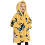 Yellow French Bulldog Print Kids Flannel Hooded Blanket Sweater with Pockets