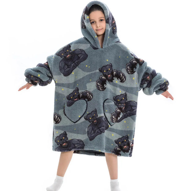 Gray Panther Print Kids Flannel Hooded Blanket Sweater with Pockets