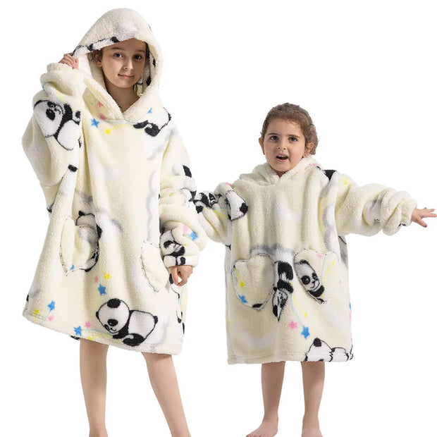 Cream Panda Print Kids Flannel Hooded Blanket Sweater with Pockets