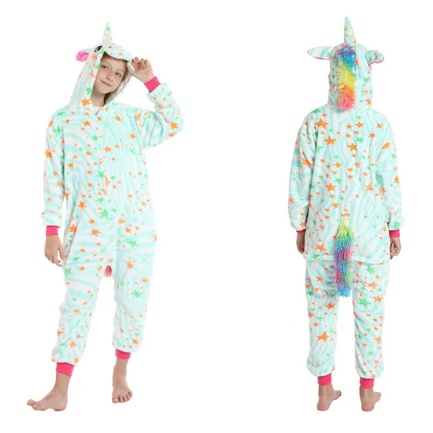 Mint Green Kids Unicorn Flannel Pajamas with Rainbow Tail and Star Pattern Children Sleepwear