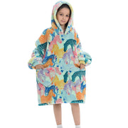 Pastel Rainbow Feather Print Kids Flannel Hooded Blanket Sweater with Pockets