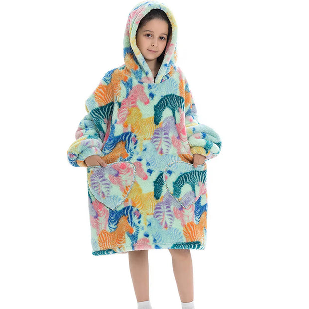 Pastel Rainbow Feather Print Kids Flannel Hooded Blanket Sweater with Pockets