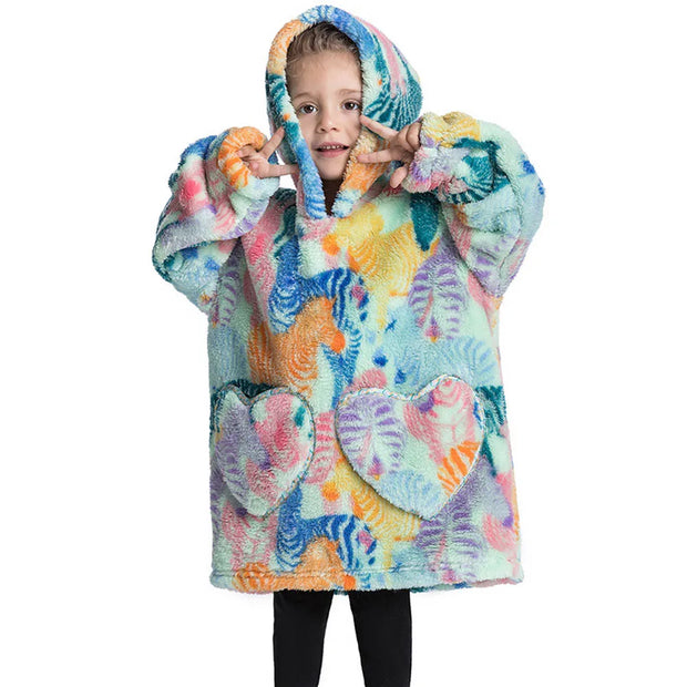 Pastel Rainbow Feather Print Kids Flannel Hooded Blanket Sweater with Pockets