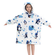 White Penguin Print Kids Flannel Hooded Blanket Sweater with Pockets