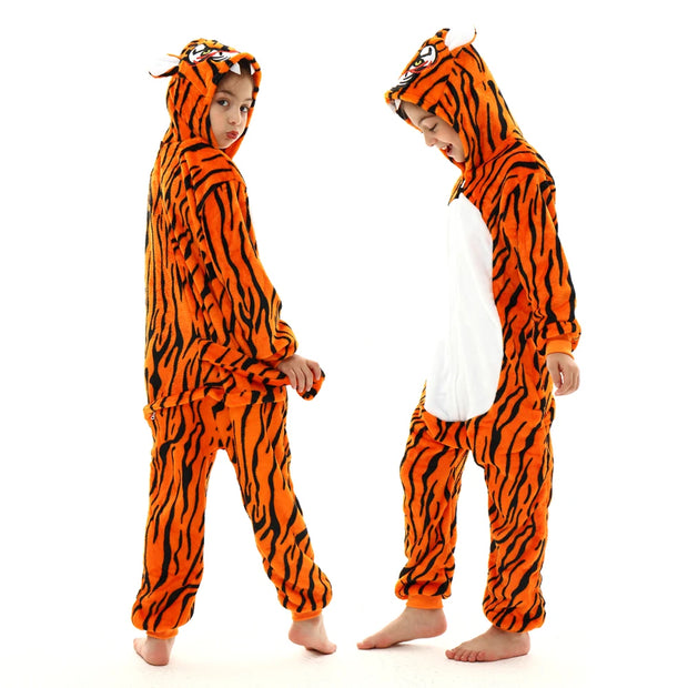 Orange Tiger Flannel Pajamas with Tiger Stripes and Tail Children Sleepwear