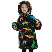 Colorful Dinosaur Print Kids Flannel Hooded Blanket Sweater with Pockets