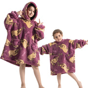 Purple Sloth Print Kids Flannel Hooded Blanket Sweater with Pockets