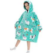 Turquoise Llama Print Kids Flannel Hooded Blanket Sweater with Pockets