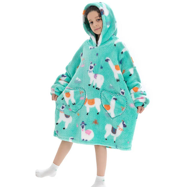 Turquoise Llama Print Kids Flannel Hooded Blanket Sweater with Pockets