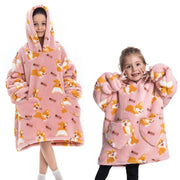 Pink Corgi Print Kids Flannel Hooded Blanket Sweater with Pockets