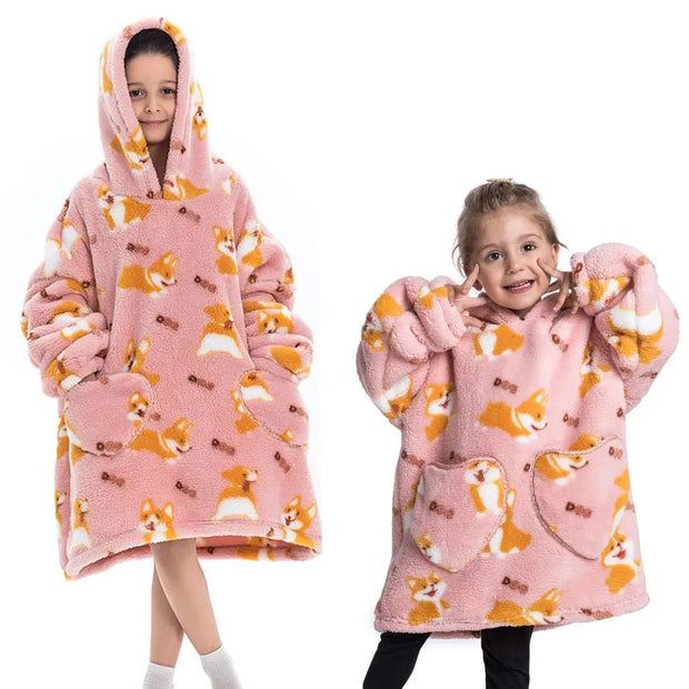 Pink Corgi Print Kids Flannel Hooded Blanket Sweater with Pockets