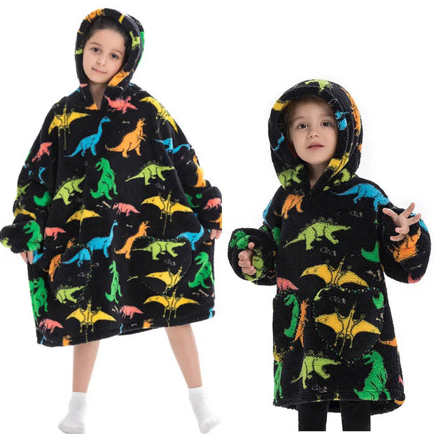 Colorful Dinosaur Print Kids Flannel Hooded Blanket Sweater with Pockets