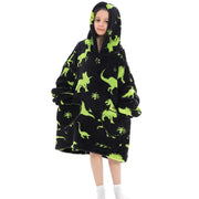 Black Dinosaur Print Kids Flannel Hooded Blanket Sweater with Pockets