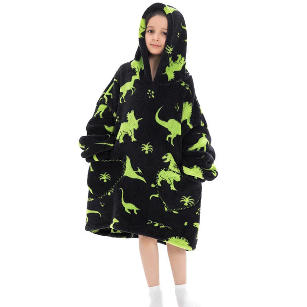 Black Dinosaur Print Kids Flannel Hooded Blanket Sweater with Pockets