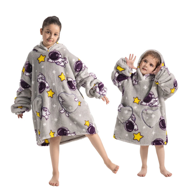 Gray Astronaut and Star Print Kids Flannel Hooded Blanket Sweater with Pockets