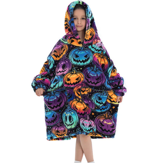 Colorful Pumpkin Print Kids Flannel Hooded Blanket Sweater for Halloween