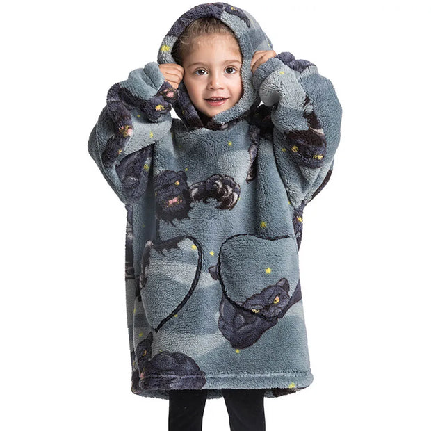 Gray Panther Print Kids Flannel Hooded Blanket Sweater with Pockets