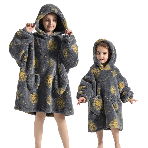 Gray Lion Print Kids Flannel Hooded Blanket Sweater with Pockets