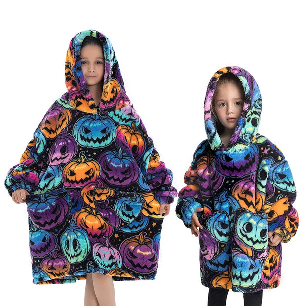 Colorful Pumpkin Print Kids Flannel Hooded Blanket Sweater for Halloween