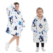 White Penguin Print Kids Flannel Hooded Blanket Sweater with Pockets