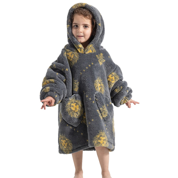 Gray Lion Print Kids Flannel Hooded Blanket Sweater with Pockets