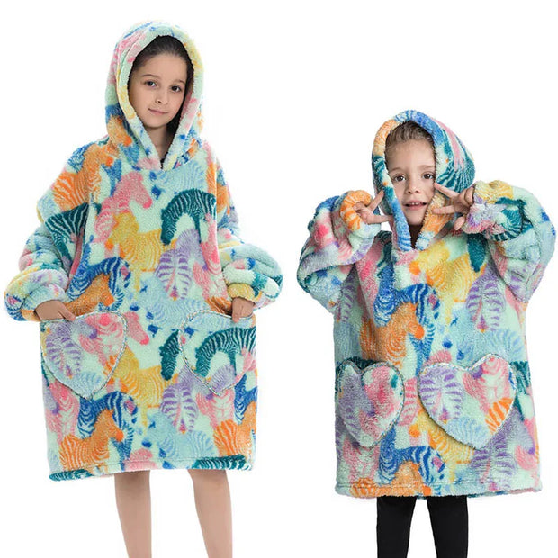 Pastel Rainbow Feather Print Kids Flannel Hooded Blanket Sweater with Pockets