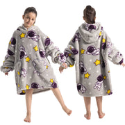 Gray Astronaut and Star Print Kids Flannel Hooded Blanket Sweater with Pockets