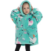 Turquoise Llama Print Kids Flannel Hooded Blanket Sweater with Pockets