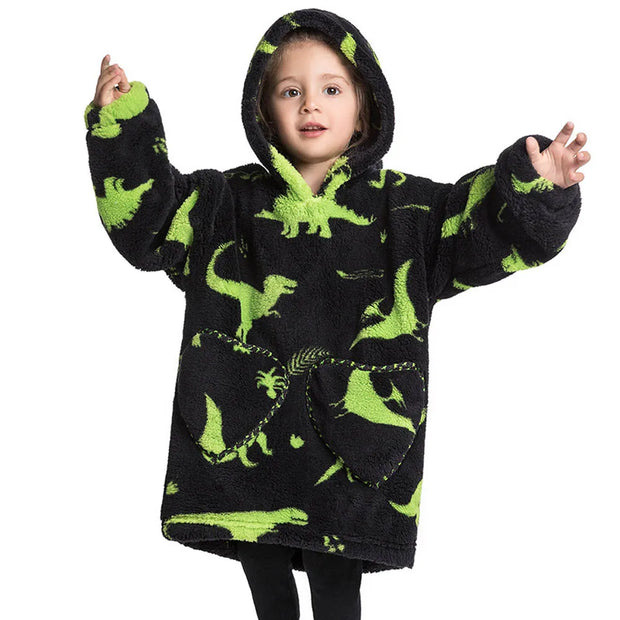 Black Dinosaur Print Kids Flannel Hooded Blanket Sweater with Pockets