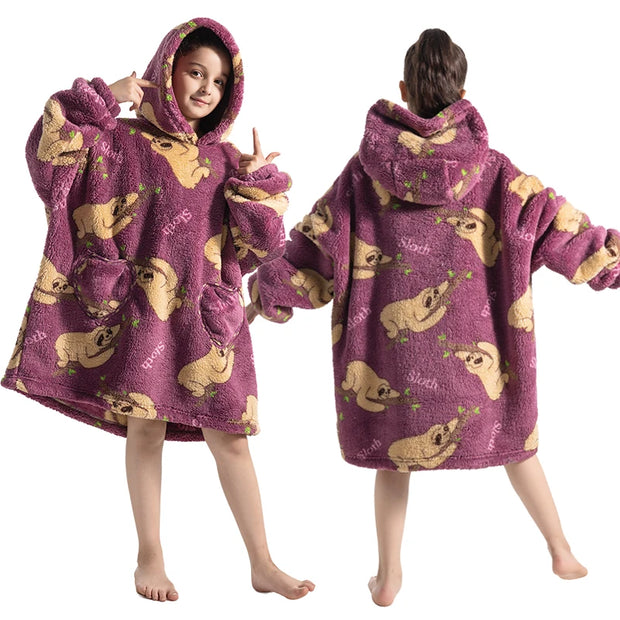 Purple Sloth Print Kids Flannel Hooded Blanket Sweater with Pockets