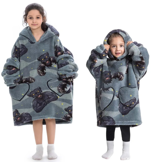 Gray Panther Print Kids Flannel Hooded Blanket Sweater with Pockets