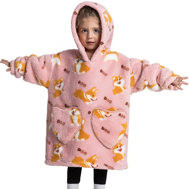 Pink Corgi Print Kids Flannel Hooded Blanket Sweater with Pockets