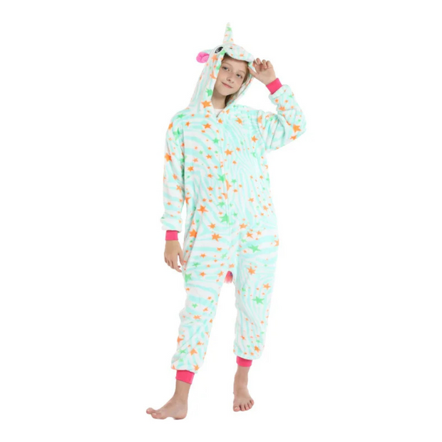 Mint Green Kids Unicorn Flannel Pajamas with Rainbow Tail and Star Pattern Children Sleepwear