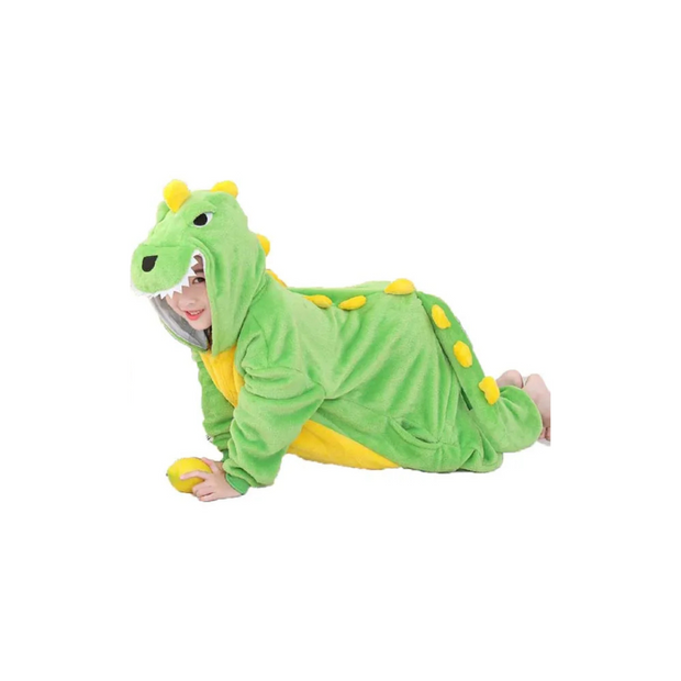 Green Dinosaur Flannel Pajamas with Yellow Belly and Spikes Children Sleepwear