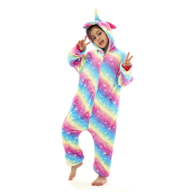 Pastel Rainbow Unicorn Onesie for Kids with Horn and Tail