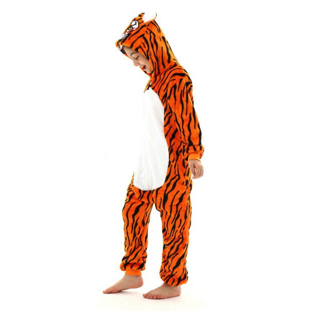 Orange Tiger Flannel Pajamas with Tiger Stripes and Tail Children Sleepwear